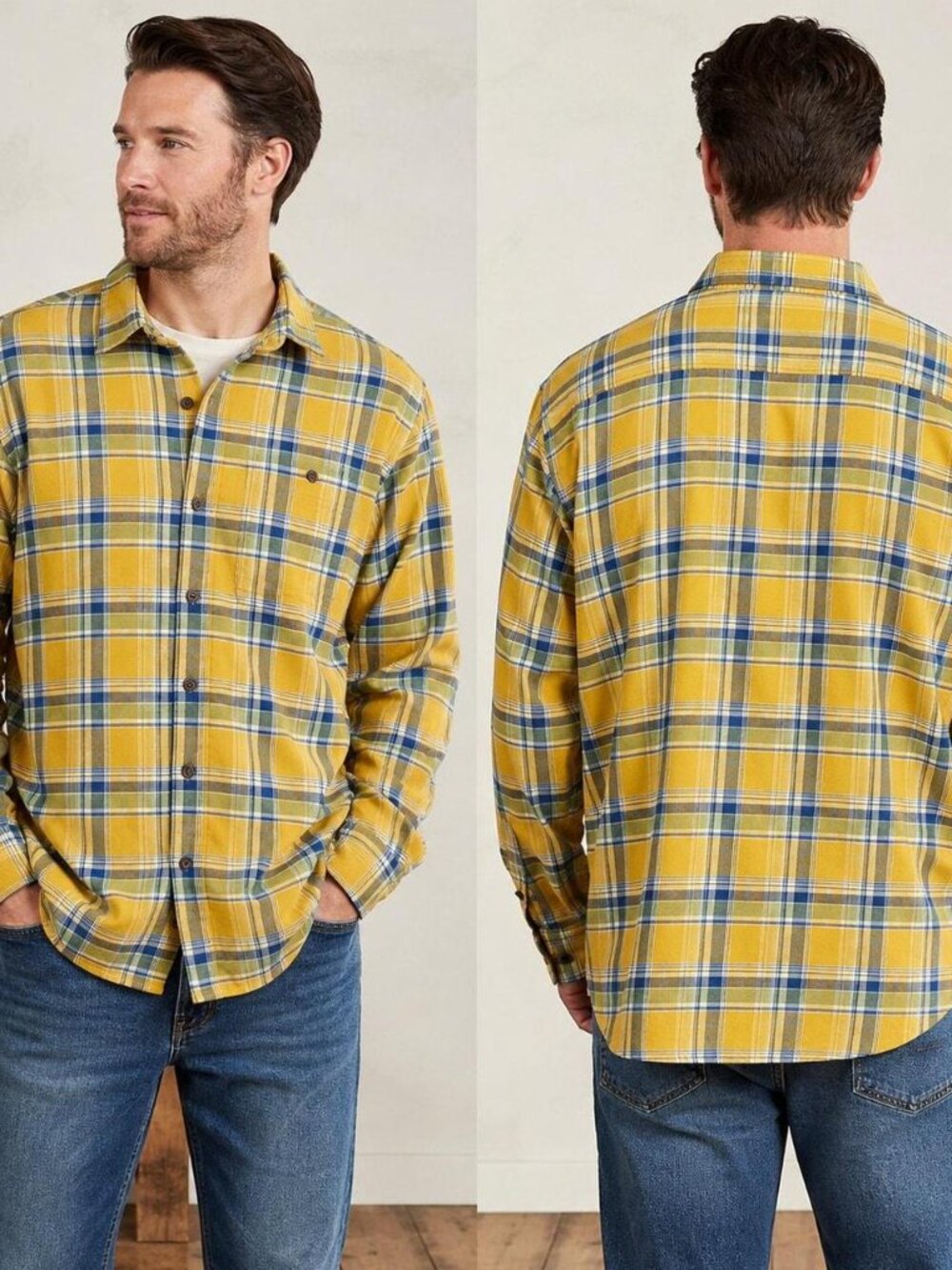 NEW LL Bean TALL Yellow and Blue Stretch Cotton Classic Flannel Shirt Sz M Tall